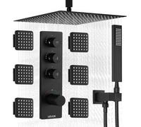 VEVOR Ensemble de Robinetterie de Douche, Système de Douche Thermostatique à 3 Fonctions, Pommeau Haut à Effet Pluie de 40,6 cm, 6 Jets de Corps et Douchette à Main, Valve en Laiton, Noir Mat