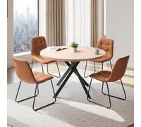 VEVOR Ensemble de Salle à Manger 5 Pièces, Table à Manger Ronde avec 4 Chaises Orange Rembourrées, Coussins en Similicuir, Bureau Moderne en Bois, pour Cuisine et Petits Espaces, Maison Appartement