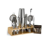 VEVOR Ensemble shaker à cocktail 13 pcs, accessoire pour barman Boston en acier inox avec support en bambou, cuillère à mélanger, doseur, passoire, verseur, cuillère à glace, zesteur de citron, argent