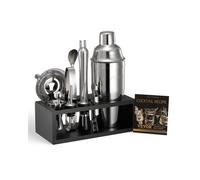 VEVOR Ensemble shaker à cocktail, 13 pcs, accessoire pour barman Martini en acier inox avec support en bambou, cuillère à mélanger, doseur, passoire, bec verseur, pince à glaçons, tire-bouchon, argent