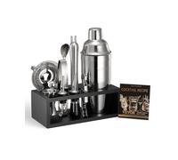 VEVOR Ensemble shaker à cocktail, 13 pcs, accessoire pour barman Martini en acier inox avec support en bambou, cuillère à mélanger, doseur, passoire, bec verseur, pince à glaçons, tire-bouchon, argent