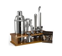 VEVOR Ensemble shaker à cocktail, 18 pcs, accessoire pour barman Martini en acier inox avec support en bambou, cuillère à mélanger, doseur, passoire, bec verseur, pince à glaçons, tire-bouchon, argent