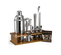 VEVOR Ensemble shaker à cocktail, 18 pcs, accessoire pour barman Martini en acier inox avec support en bambou, cuillère à mélanger, doseur, passoire, bec verseur, pince à glaçons, tire-bouchon, argent