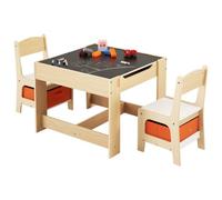 VEVOR Ensemble table et 2 chaises pour enfants, avec espace de rangement sous la table et coffre de rangement en tissu sous les chaises, bureau en bois pour apprentissage et dessin, couleur bois clair