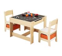 VEVOR Ensemble table et 2 chaises pour enfants, avec espace de rangement sous la table et coffre de rangement en tissu sous les chaises, bureau en bois pour apprentissage et dessin, couleur bois clair