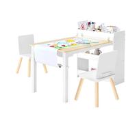 VEVOR Ensemble table et chaises d'art pour enfants, avec armoire de rangement à 3 niveaux, table enfant avec 2 chaises, bureau d'activités en bois pour lire, apprendre, dessiner et écrire, blanc