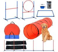 VEVOR Équipements d'Entraînement Agilité pour Chien, Ensemble 5PCS, Parcours Obstacles pour Chiot, avec Haies Hautes Réglables, 6 Poteaux, Tunnel, Anneau de Saut, Boîte de Pause, Sifflet, Bol Pliable