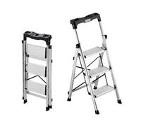 VEVOR Escabeau Pliant 3 Marches Marchepied Pliable Charge 150 kg Échelle Domestique Alliage d'Aluminium pour Travaux Ménagers, Bricolage, avec Larges Marches Antidérapantes, Plateau à Outils, Argenté