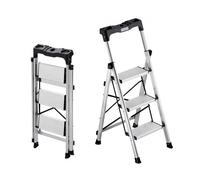 VEVOR Escabeau Pliant 3 Marches Marchepied Pliable Charge 150 kg Échelle Domestique Alliage d'Aluminium pour Travaux Ménagers, Bricolage, avec Larges Marches Antidérapantes, Plateau à Outils, Argenté
