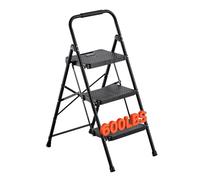 VEVOR Escabeau Pliant 3 Marches Marchepied Pliable Charge 272 kg Échelle Domestique en Acier pour Cuisine, Bureau, Travaux Ménagers, avec Large Marche Antidérapante, Poignée, Léger et Portable, Noir