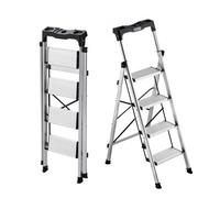VEVOR Escabeau Pliant 4 Marches Marchepied Pliable Charge 150 kg Échelle Domestique Alliage d'Aluminium pour Travaux Ménagers, Bricolage, avec Larges Marches Antidérapantes, Plateau à Outils, Argenté