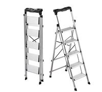 VEVOR Escabeau Pliant 5 Marches Marchepied Pliable Charge 150 kg Échelle Domestique Alliage d'Aluminium pour Travaux Ménagers, Bricolage, avec Larges Marches Antidérapantes, Plateau à Outils, Argenté