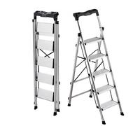 VEVOR Escabeau Pliant 5 Marches Marchepied Pliable Charge 150 kg Échelle Domestique Alliage d'Aluminium pour Travaux Ménagers, Bricolage, avec Larges Marches Antidérapantes, Plateau à Outils, Argenté