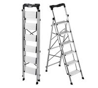 VEVOR Escabeau Pliant 6 Marches Marchepied Pliable Charge 150 kg Échelle Domestique Alliage d'Aluminium pour Travaux Ménagers, Bricolage, avec Larges Marches Antidérapantes, Plateau à Outils, Argenté