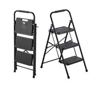 VEVOR Escabeau Pliant 3 Marches Marchepied Pliable Charge 272 kg Échelle Domestique en Acier pour Cuisine, Bureau, Travaux Ménagers, avec Large Marche Antidérapante, Poignée, Léger et Portable, Noir