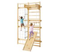 VEVOR Espalier en Bois Massif, Échelle Suédoise Murale 12 Niveaux, Charge 100 kg, 8-en-1 avec Planche d'escalade, Anneaux de Gymnastique, Barre de Traction, Échelle Murale, Toboggan et Balançoire