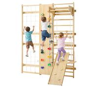 VEVOR Espalier en Bois Massif, Échelle Suédoise Murale 12 Niveaux, Charge 100 kg, Gym Mural 9-en-1 avec Mur d'escalade, Anneaux, Barre de Traction, Planche d'escalade, Toboggan et Balançoire