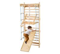 VEVOR Espalier en Bois Massif, Échelle Suédoise Murale 15 Niveaux, Charge 99,8 kg, avec Toboggan, Barre de Traction, Anneaux de Gymnastique, Siège Balançoire et Échelle Latérale et Corde, Aire de Jeux