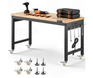 VEVOR Établi Atelier Garage 1220 mm Table de Travail sur Roulettes à Hauteur Réglable, Capacité de Charge 907,2 kg avec Prise de Courant, Panneau Perforé, Établi Robuste en Chêne pour Bureau, Maison