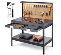 VEVOR Établi Atelier Garage en Bois Massif 1200 mm, Charge Max. 110 kg, Table de Travail Bricolage avec Panneau Perforé, Tiroirs, 4 Prises de Courant et 2 Ports USB, Câble 1,5 m, 30 Crochets, LED