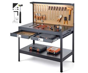 VEVOR Établi Atelier Garage en Bois Massif 1200 mm, Charge Max. 110 kg, Table de Travail Bricolage avec Panneau Perforé, Tiroirs, 4 Prises de Courant et 2 Ports USB, Câble 1,5 m, 30 Crochets, LED