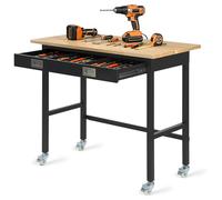 VEVOR Établi Atelier sur Roulettes 122x61 cm Établi Garage Charge 680 kg Table de Travail pour Bricolage Garage Atelier Bureau, avec Tiroir de Rangement, Plateau en Bois Chêne Massif Épaisseur 2,5 cm