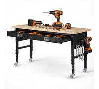 VEVOR Établi Atelier sur Roulettes 152,4x61 cm Établi Garage Réglable en Hauteur 76-101 cm Table Travail Charge 680 kg pour Bricolage Bureau, avec Tiroir, Prise Électrique, Plateau Bois Chêne Massif
