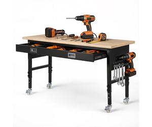 VEVOR Établi Atelier sur Roulettes 152,4x61 cm Établi Garage Réglable en Hauteur 76-101 cm Table Travail Charge 680 kg pour Bricolage Bureau, avec Tiroir, Prise Électrique, Plateau Bois Chêne Massif