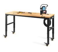 VEVOR Établi Garage Atelier 122x61x104 cm Table de Travail Hauteur Réglable 79-104 cm, Établi Plateau en Bois Chêne Cadre en Acier, Établi Multifonctionnel avec 4 Roulettes pour Réparation Bricolage