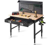 VEVOR Établi Hauteur Réglable 71,1-100,3 cm Table de Travail de Garage Atelier Bois Dur, Charge 907 kg, Plan de Travail 122x61 cm, Planche de Chêne et Acier au Carbone, Établi avec Prises de Courant