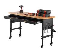 VEVOR Établi réglable de 1524 mm, table de travail avec rangement à tiroirs, prise de courant, roues et panneau perforé, 680 kg, avec plateau en bois de chêne pour garage, atelier, bureau et maison