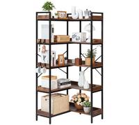 VEVOR Étagère d'angle à 5 niveaux, hauteur 166,1 cm, bibliothèque du coin en L avec 4 crochets, meuble de rangement réversible avec cadre en métal et étagères en bois, pour chambre, salon, bureau