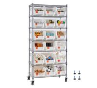 VEVOR Étagère de Rangement Mobile 7 Niveaux Rayonnage sur Roulettes 18 Bacs pour Garage, Entrepôt, Bureau, Restaurant, Salle de Classe, Cuisine, en Fil d'Acier, avec Roulettes Pivotantes et 2 Freins