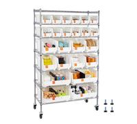 VEVOR Étagère de Rangement Mobile 7 Niveaux Rayonnage sur Roulettes 24 Bacs pour Garage, Entrepôt, Bureau, Restaurant, Salle de Classe, Cuisine, en Fil d'Acier, avec Roulettes Pivotantes et 2 Freins