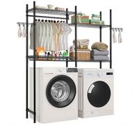 VEVOR Étagère de rangement pour lave-linge et sèche-linge à 4 niveaux, étendoir à linge avec tringle et crochets, étagères réglables à deux rangées, gain de place, pour buanderie, salle de bain, noir