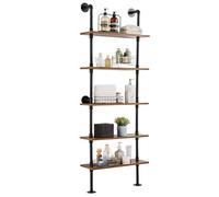 VEVOR Étagère Murale Tuyau Industrielle, 5 Niveaux, Support Mural Flottant de Rangement en Bois Rustique, 61x25,5 cm, pour Articles Divers de Cuisine, Chambre à Coucher, Salle de Bain, Salon, Maison