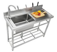 VEVOR Évier Cuisine Utilitaire Commercial en Acier Inoxydable, Petit Évier sur Pied Cuve Simple avec Établi Robinet Pieds, pour Garage, Restaurant, Blanchisserie, Cuisine, Salle de Bain 100x50x95 cm