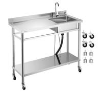 VEVOR Évier cuisine utilitaire en acier inoxydable, évier professionnel à cuve unique sur roulettes avec robinet, tuyau d'eau chaude et froide, établi pour garage restaurant buanderie 1200x500x1055 mm