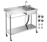 VEVOR Évier cuisine utilitaire en acier inoxydable, évier professionnel à cuve unique sur roulettes avec robinet, tuyau d'eau chaude et froide, établi pour garage restaurant buanderie 1200x500x1055 mm