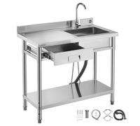 VEVOR Évier cuisine utilitaire en acier inoxydable, évier professionnel autoportant à cuve unique avec tiroir, robinet et tuyau d'eau chaude et froide, pour garage, restaurant, buanderie 100x50x94 cm