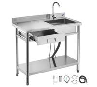 VEVOR Évier cuisine utilitaire en acier inoxydable, évier professionnel autoportant à cuve unique avec tiroir, robinet et tuyau d'eau chaude et froide, pour garage, restaurant, buanderie 100x50x94 cm