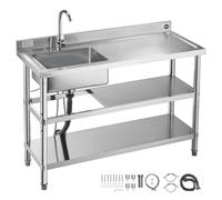 VEVOR Évier cuisine utilitaire en acier inoxydable, évier professionnel autoportant à cuve unique avec robinet, tuyau d'eau chaude et froide, 2 étagères pour garage, restaurant, buanderie 120x50x94 cm