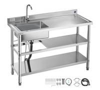 VEVOR Évier cuisine utilitaire en acier inoxydable, évier professionnel autoportant à cuve unique avec robinet, tuyau d'eau chaude et froide, 2 étagères pour garage, restaurant, buanderie 120x50x94 cm