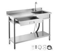 VEVOR Évier cuisine utilitaire en acier inoxydable, évier professionnel autoportant à cuve unique avec tiroir, robinet et tuyau d'eau chaude et froide, pour garage, restaurant, buanderie 120x50x94 cm