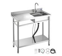 VEVOR Évier cuisine utilitaire en acier inoxydable, évier professionnel autoportant à cuve unique droite, avec robinet, tuyau d'eau chaude et froide pour garage, restaurant, buanderie, 100x50x94 cm
