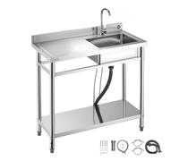 VEVOR Évier cuisine utilitaire en acier inoxydable, évier professionnel autoportant à cuve unique droite, avec robinet, tuyau d'eau chaude et froide pour garage, restaurant, buanderie, 100x50x94 cm