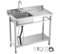 VEVOR Évier cuisine utilitaire en acier inoxydable, évier professionnel autoportant à cuve unique gauche, avec robinet, tuyau d'eau chaude et froide pour garage, restaurant, buanderie, 100x50x94 cm