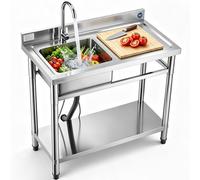 VEVOR Évier cuisine utilitaire en acier inoxydable, évier professionnel autoportant à cuve unique gauche, avec robinet, tuyau d'eau chaude et froide pour garage, restaurant, buanderie, 100x50x94 cm