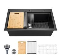 VEVOR Évier de Cuisine Moderne en Granit de 84x56 cm, Évier à Poser à Large Cuve Simple, Bac à Laver Encastrable avec Accessoires Multiples, Nettoyage Facile, pour Camping-car, Maison, Bar, Noir