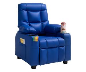 VEVOR Fauteuil inclinable pour enfants, chaise relax ergonomique avec 2 porte-gobelets, 4 poches et repose-pieds, dossier réglable 107°-126°, en cuir PU facile à nettoyer, pour chambre d’enfants, bleu